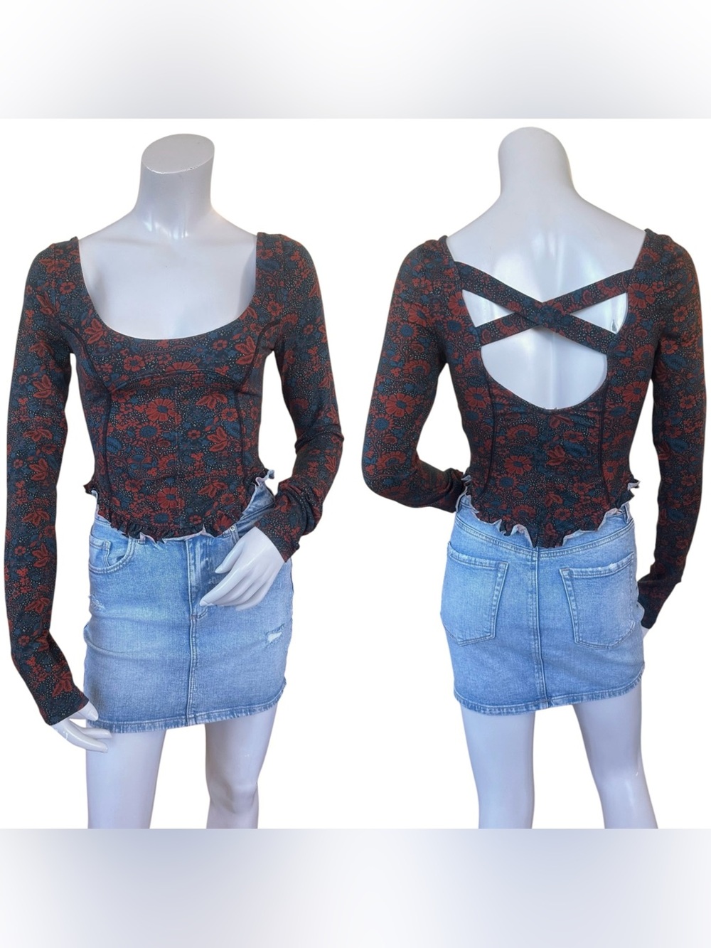 Free People Melanie Blue Red Black Floral Print Ruffle Open Back Top Size XS